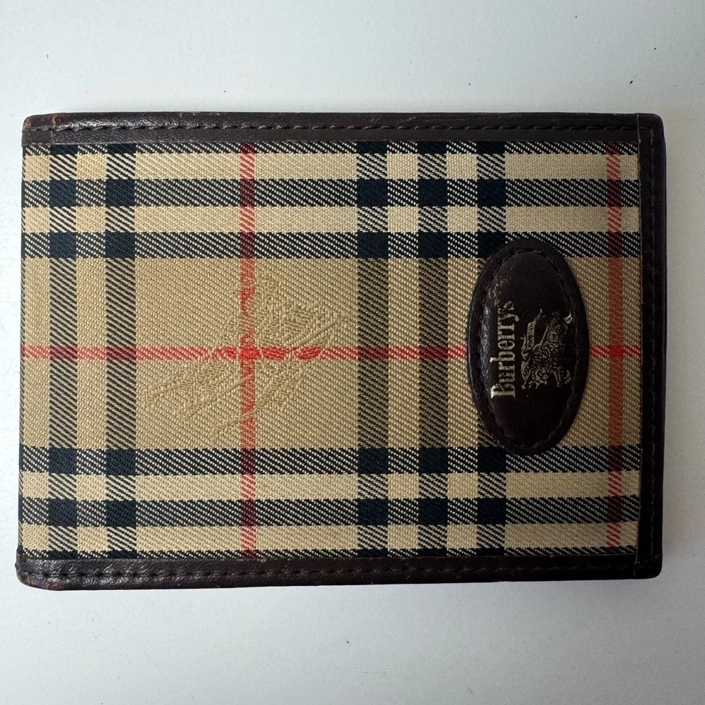 Burberrys Unisex Tan Check Card Holder with Brown Trim